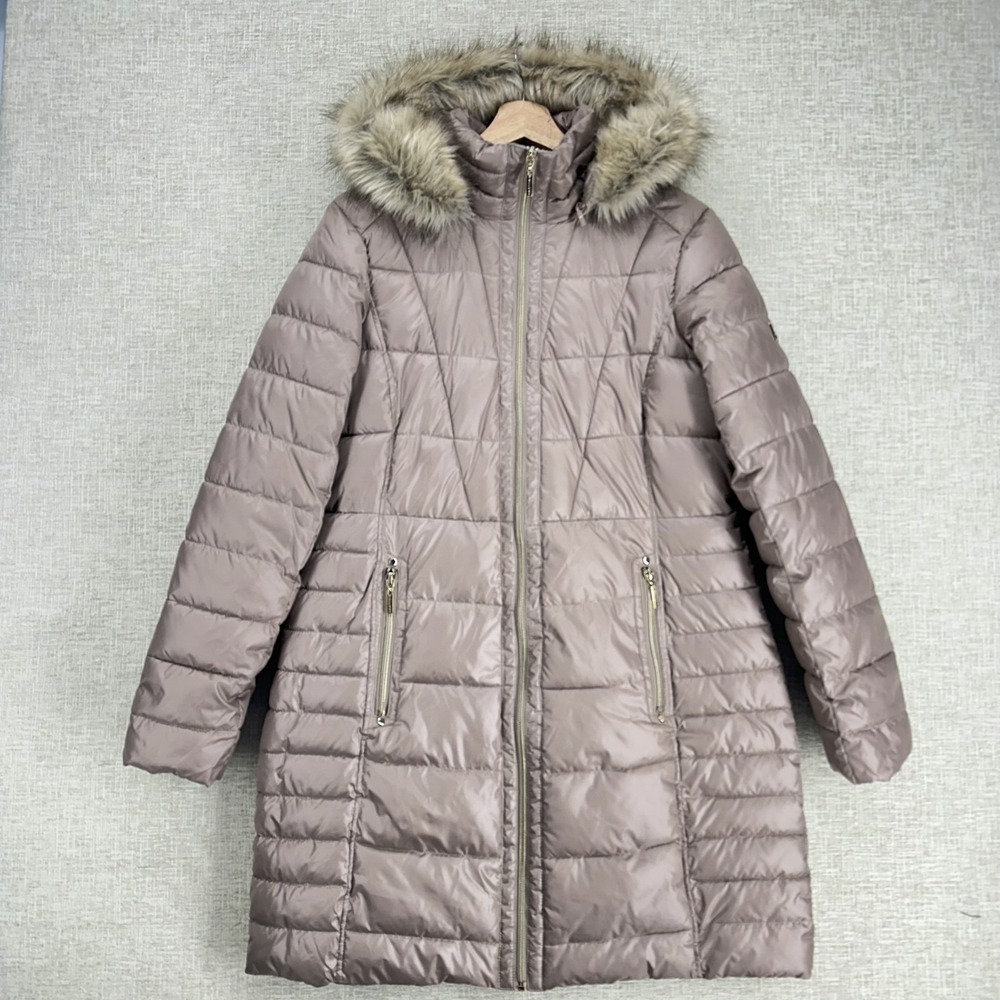 Gallery Coat Womens Medium Taupe Tan Quilted Puffer Hooded Faux Fur Zip Parka